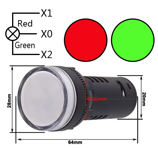 22mm 12V red/green panel mount indicator (image for) 22mm 12V red/green panel mount indicator