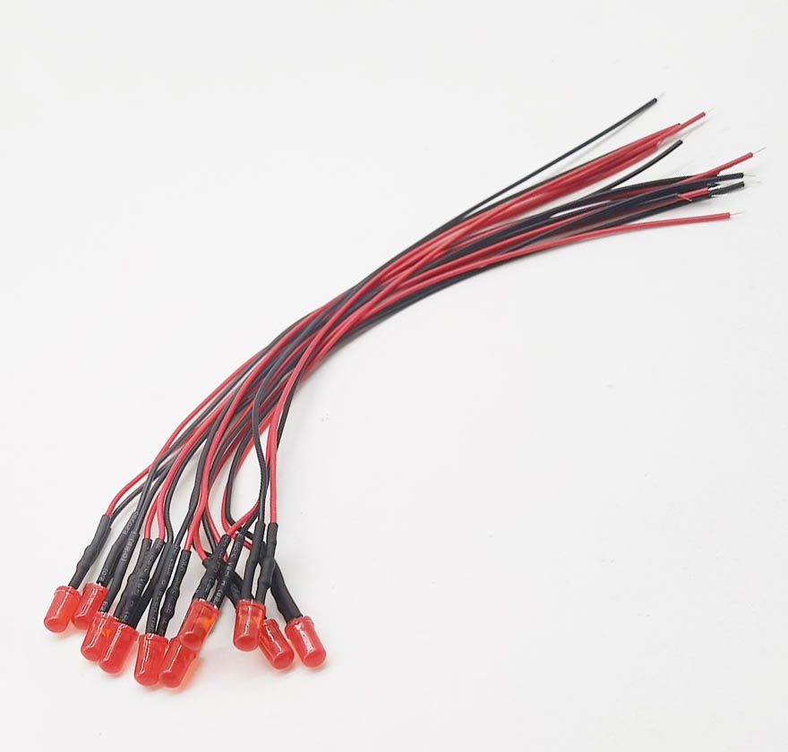 5mm tinted diffuse red LED prewired for 12 volt use
